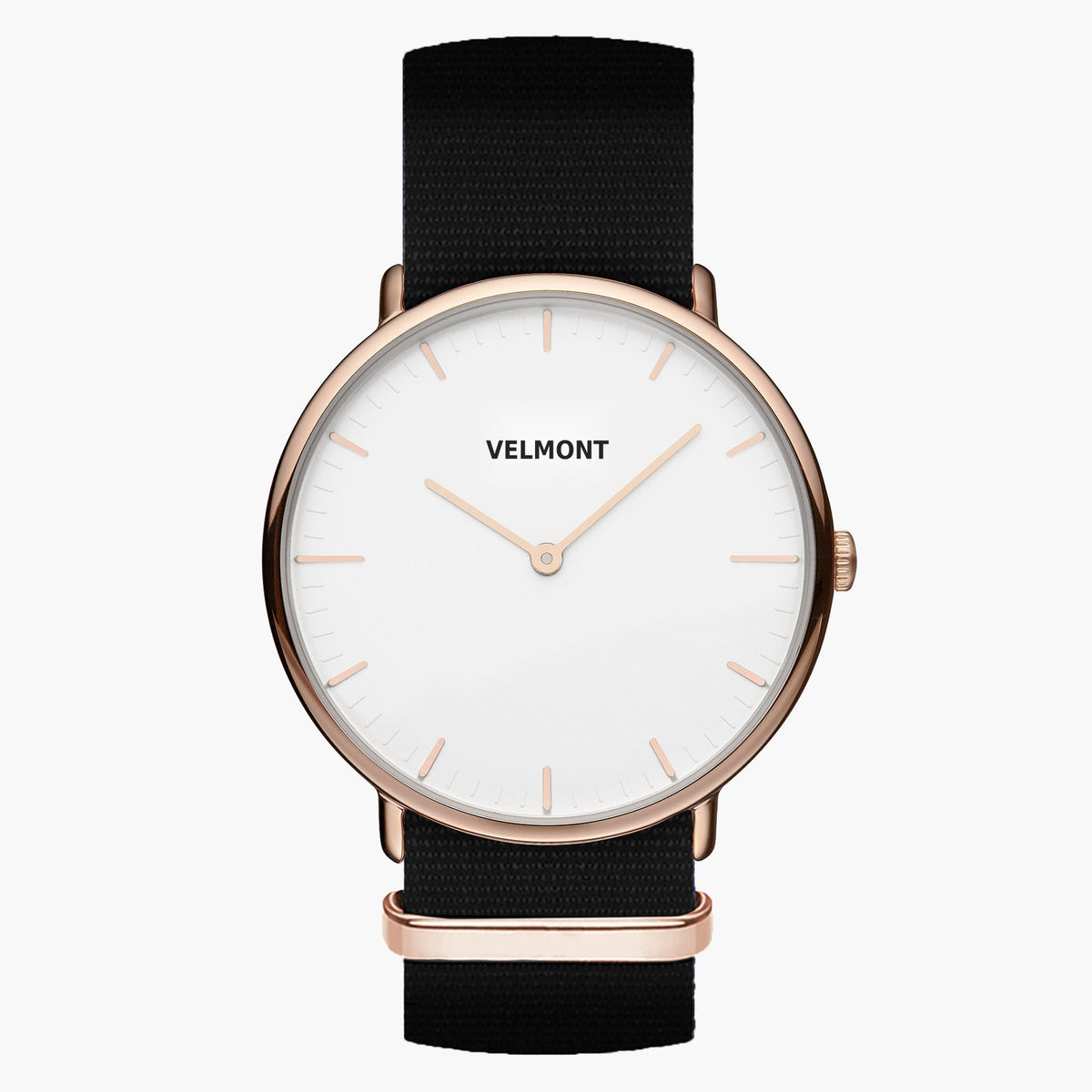 Watch with a white dial and rose gold-tone case on a black woven strap.