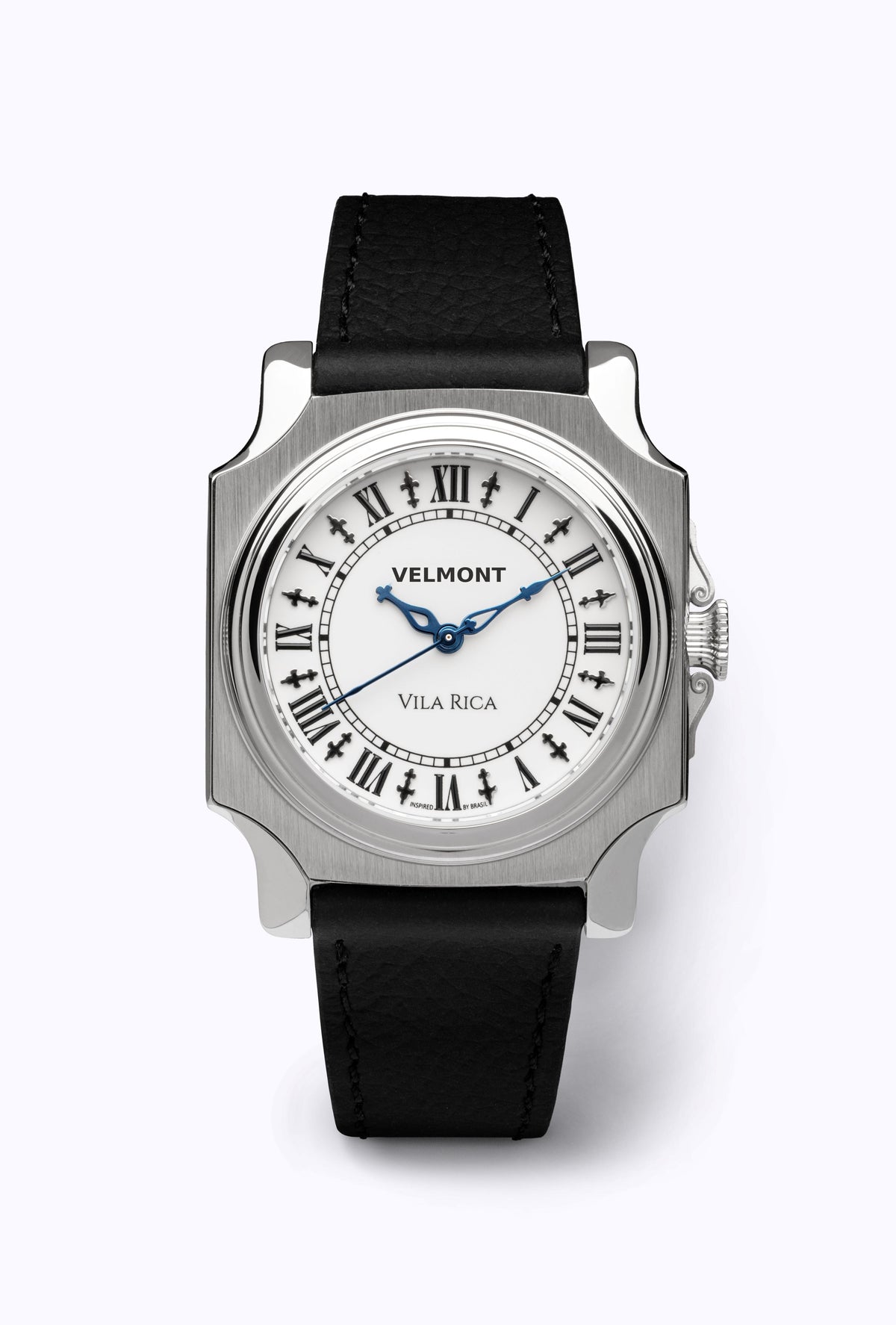 Cushion-case dress watch with Roman numerals on a black strap