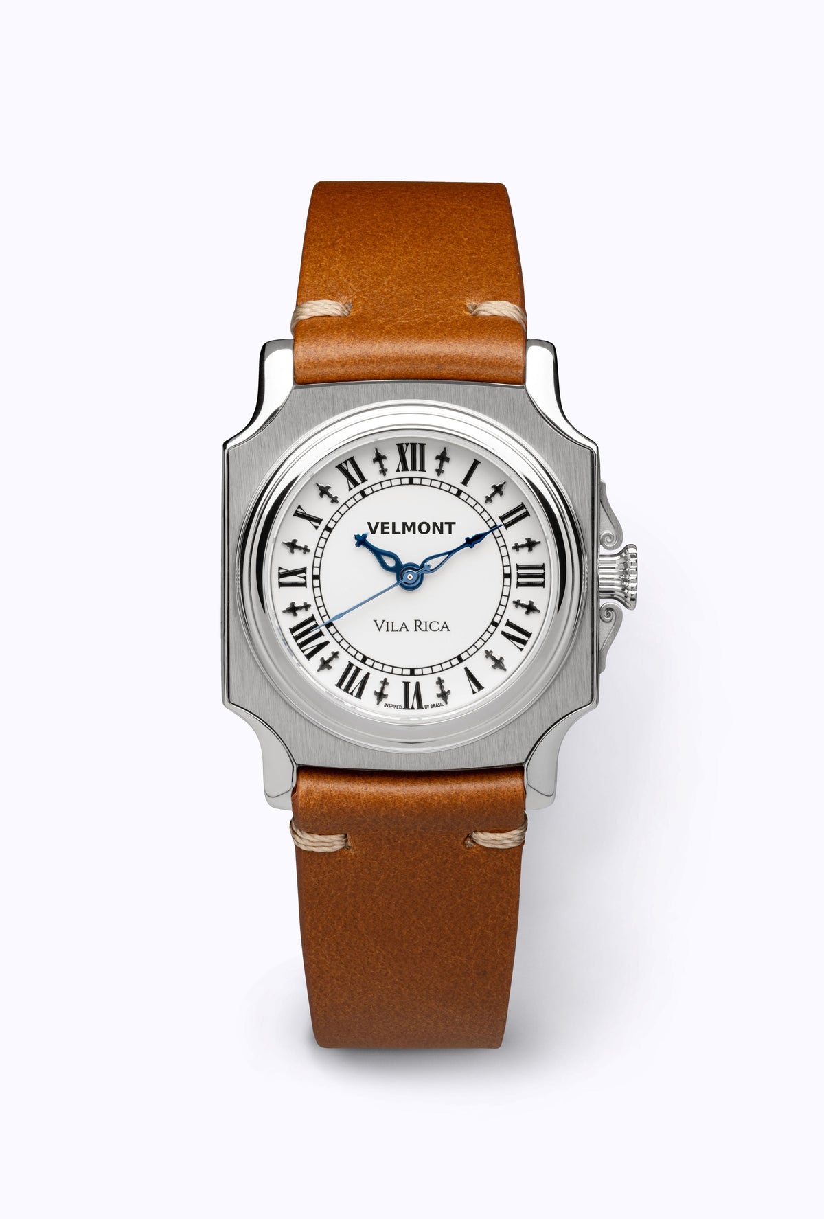 Small cushion-case watch on a caramel strap