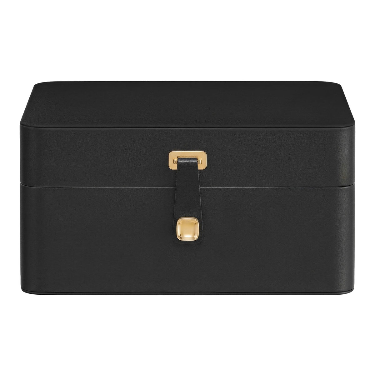 Closed ink black jewelry box with gold-tone clasp