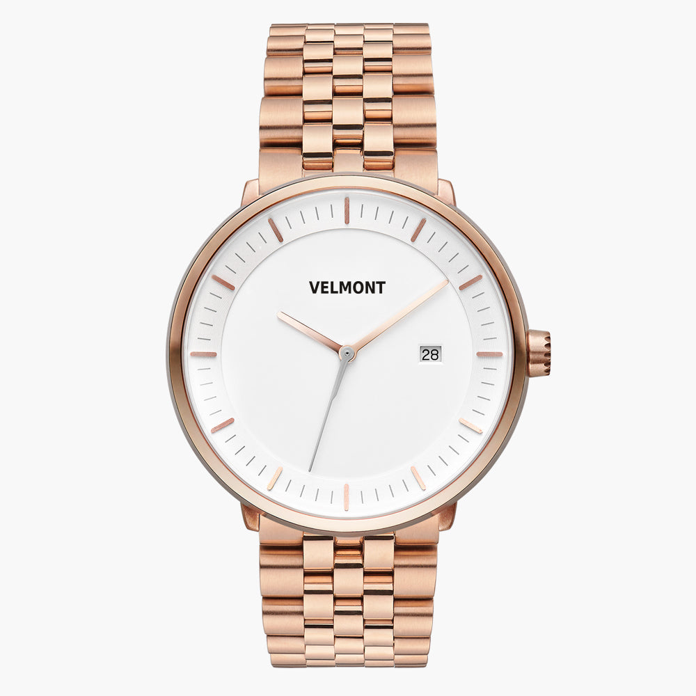 Straight-on look at the white dial and rose gold-tone case with its rose gold-tone link bracelet.