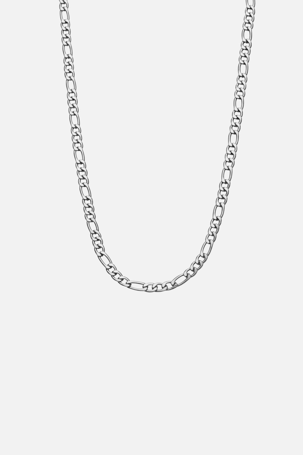Silver-tone figaro chain necklace, front view on a light background
