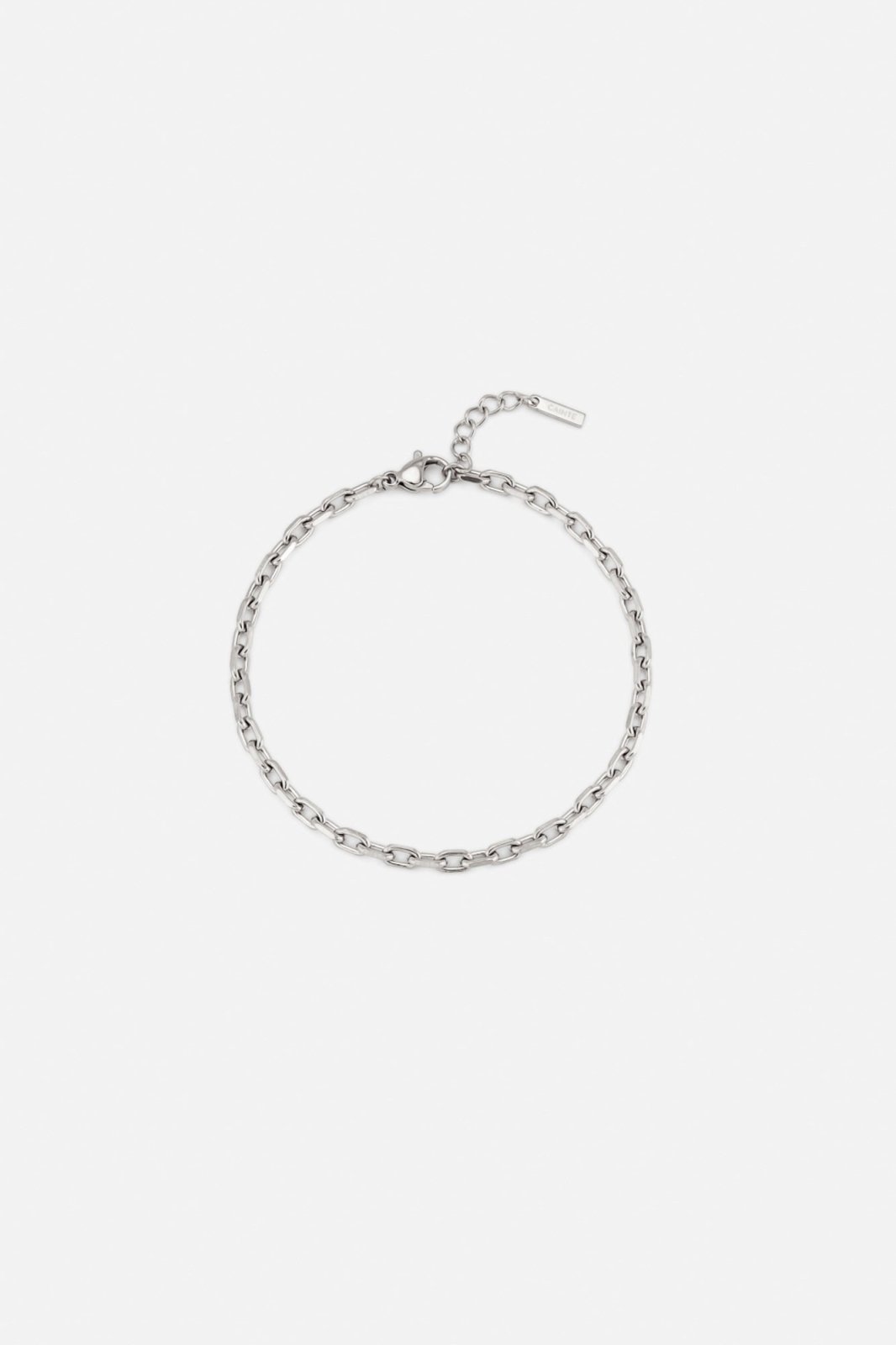 Silver-tone 3 mm anchor chain bracelet, front view on a light background