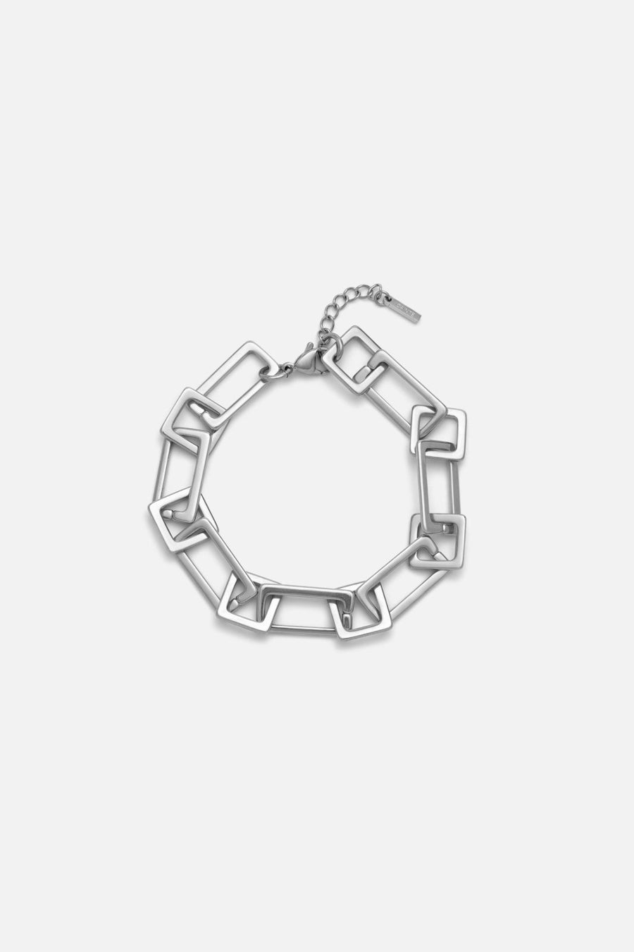Silver-tone chunky rectangular link bracelet, front view on a light background