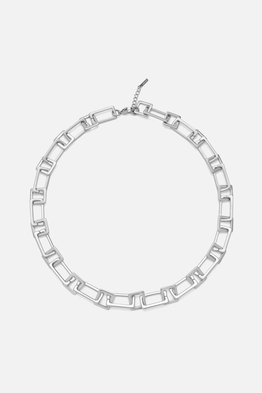 Silver-tone chunky rectangular link necklace, front view on a light background