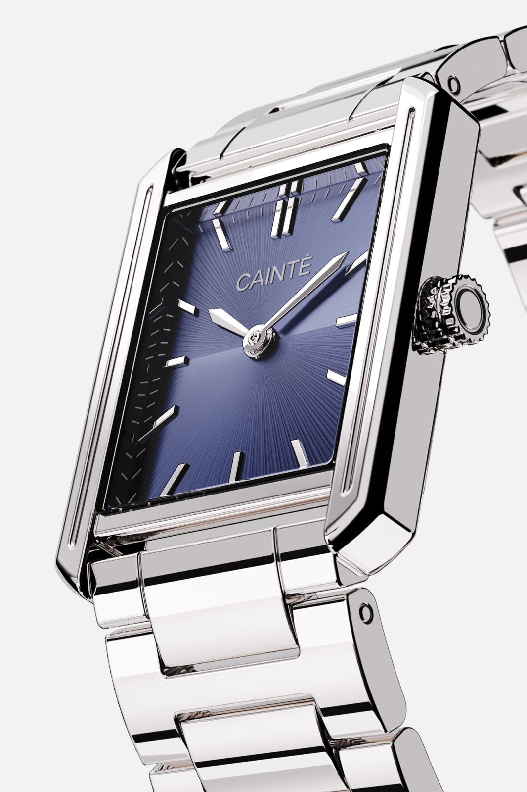 Angled view of the rectangular case and blue sunburst dial