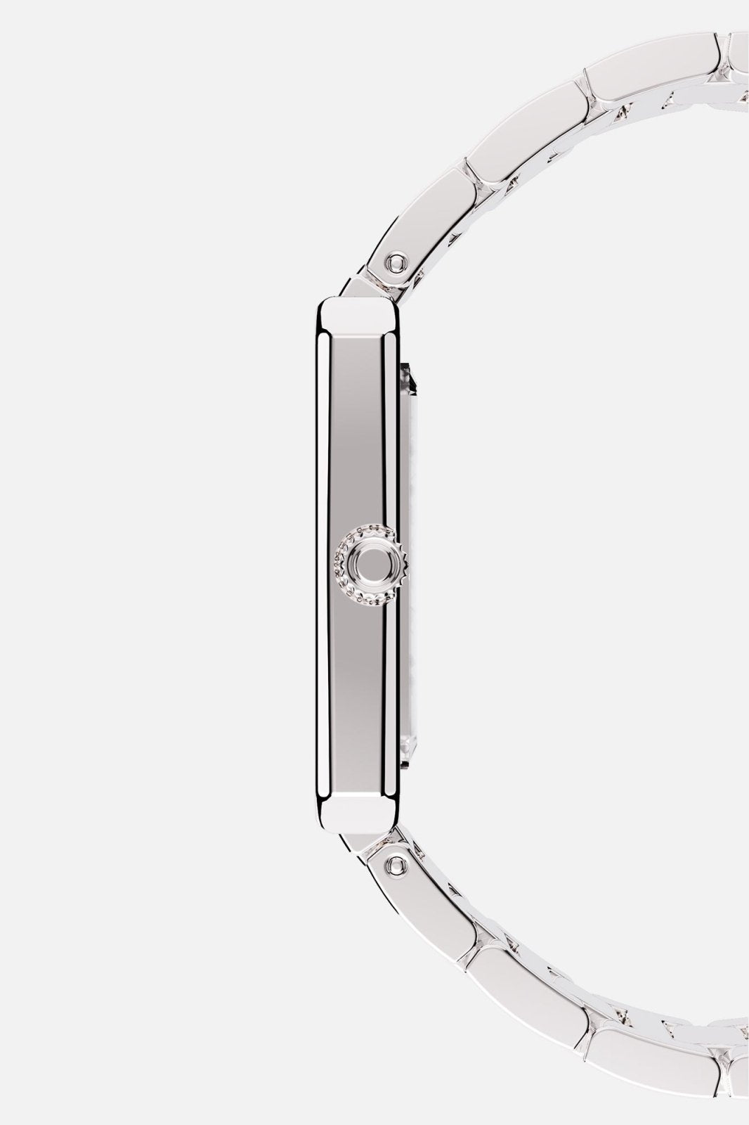 Side profile showing the slim case and fluted crown