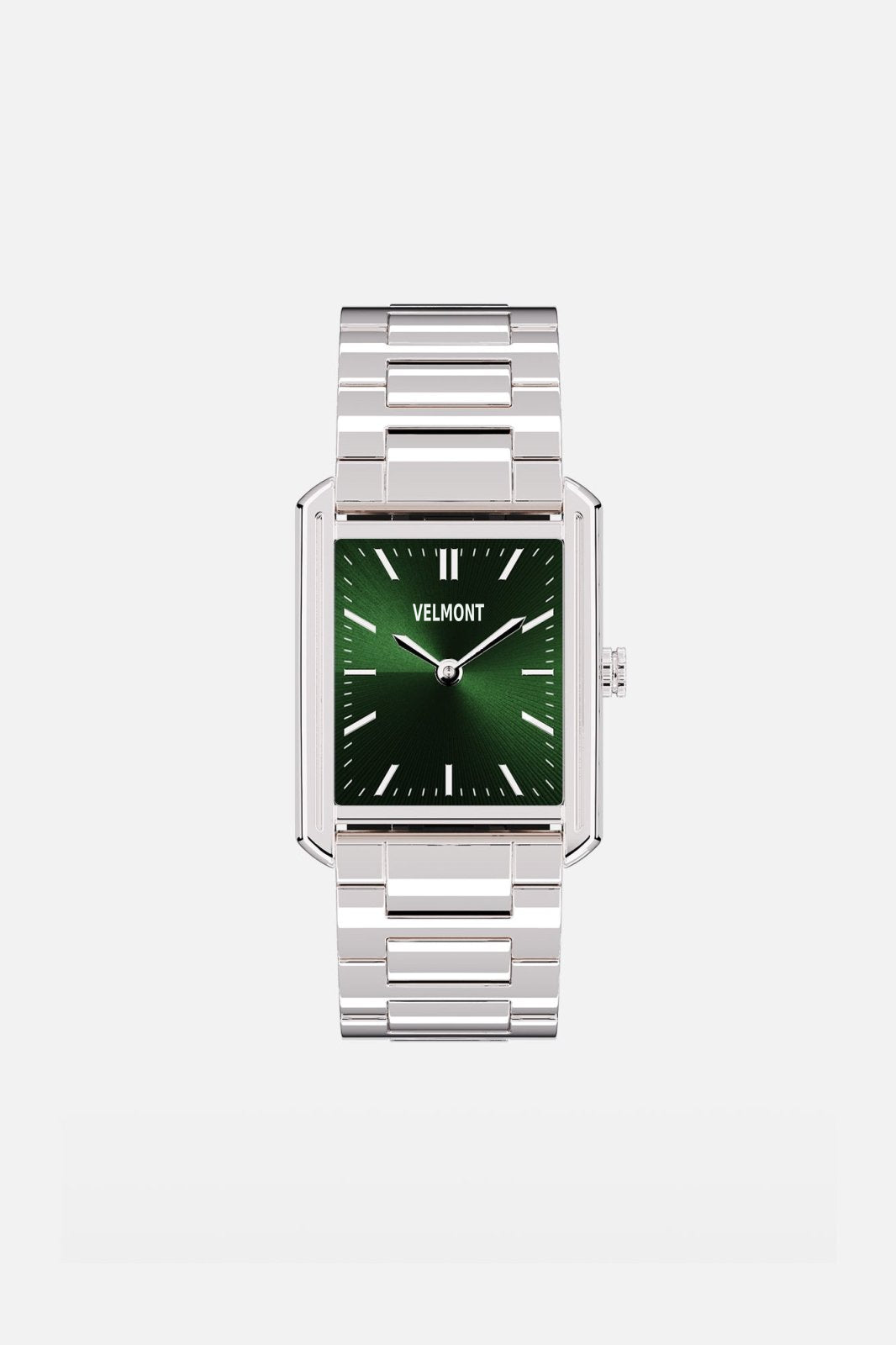 Front view of the rectangular watch with olive green dial on its link bracelet
