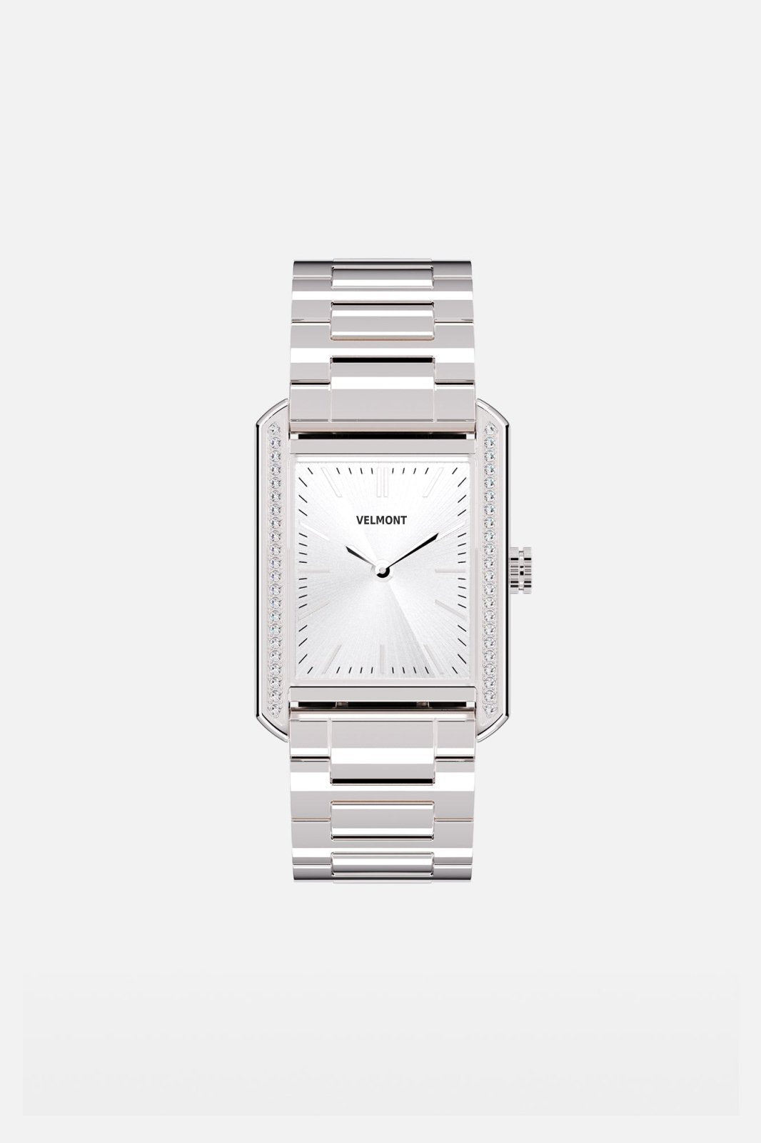 Front view of the rectangular watch with silver-white dial on its link bracelet