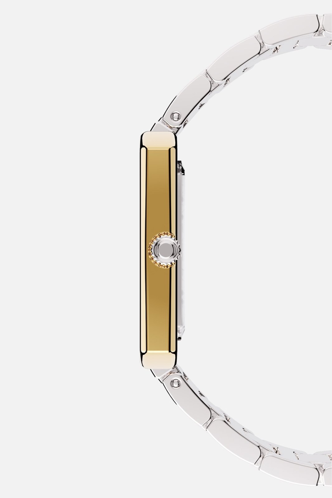 Side profile showing the slim case and fluted crown