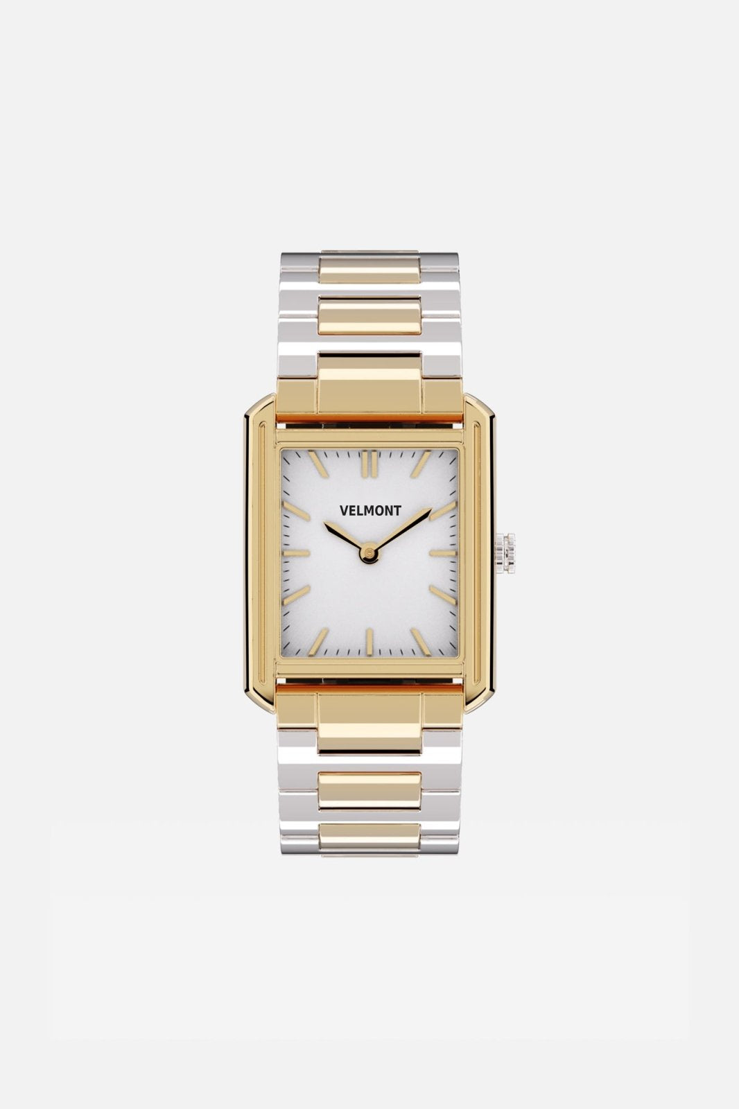 Front view of the rectangular watch with white dial on its link bracelet