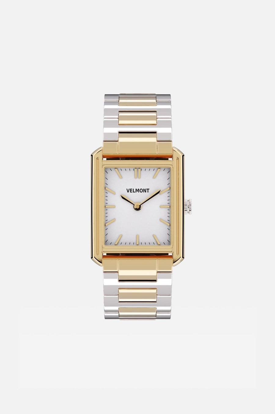 Front view of the rectangular watch with white dial on its link bracelet