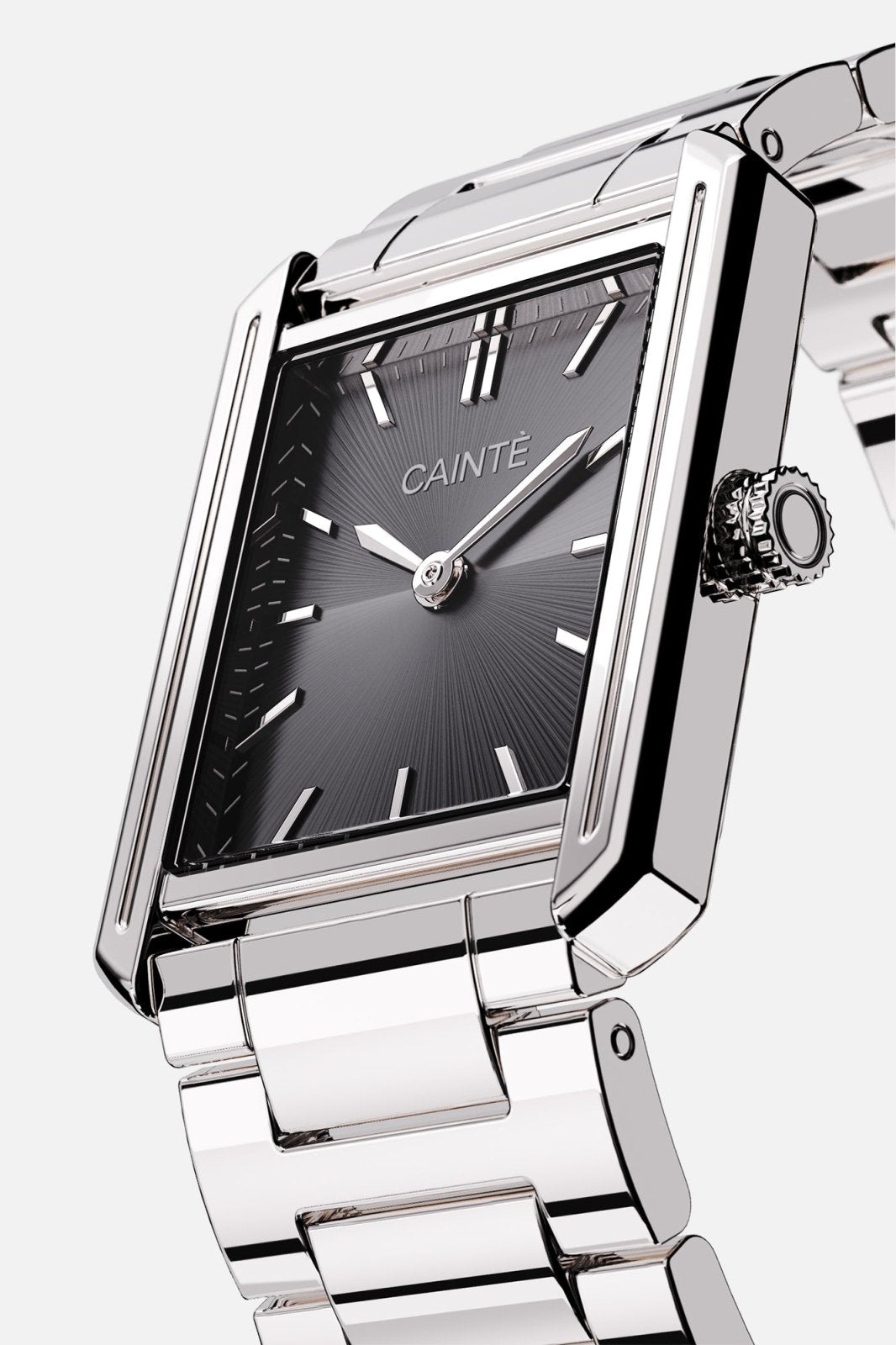Angled view of the rectangular case and black sunburst dial