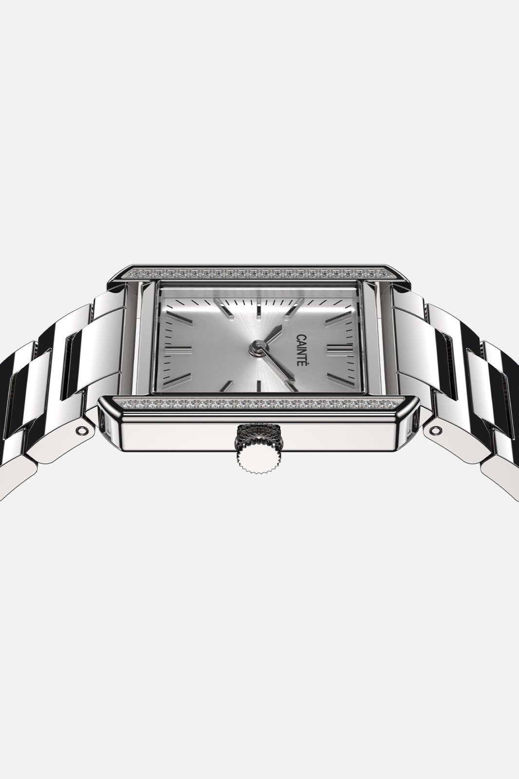 Low front view of the case with the bracelet opened out