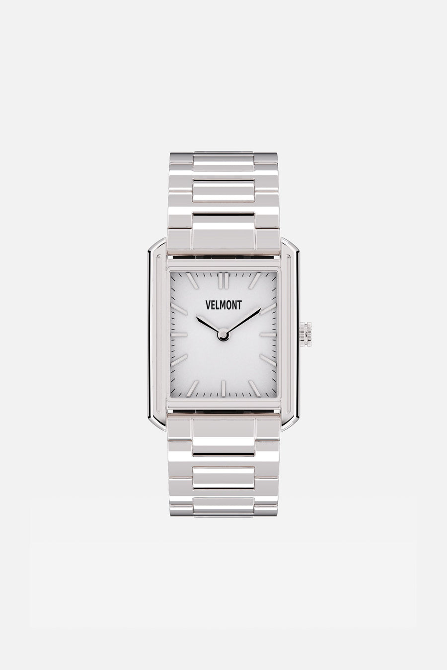 Front view of the rectangular watch with white dial on its link bracelet