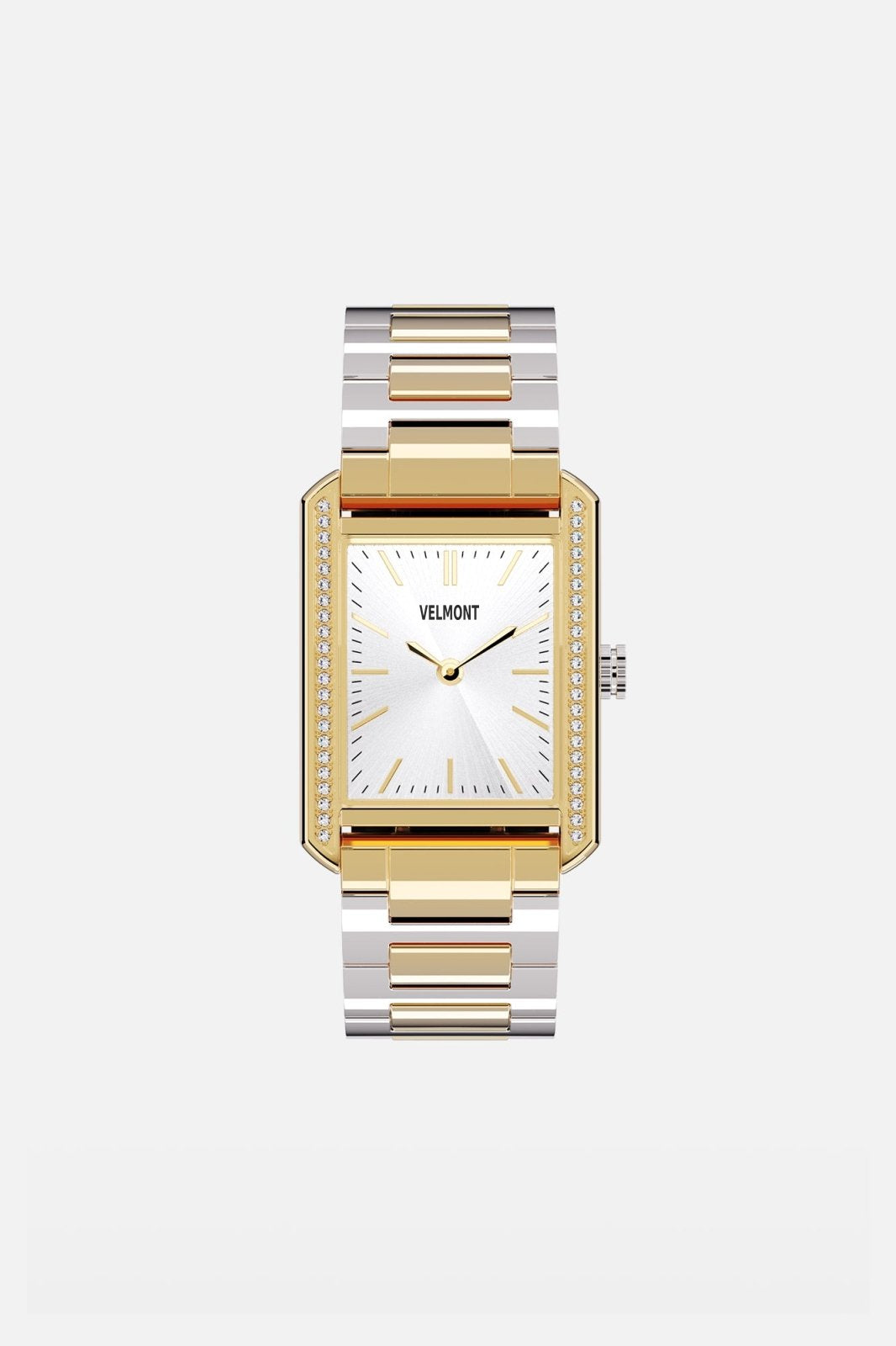 Front view of the gold-tone rectangular watch on a two-tone bracelet