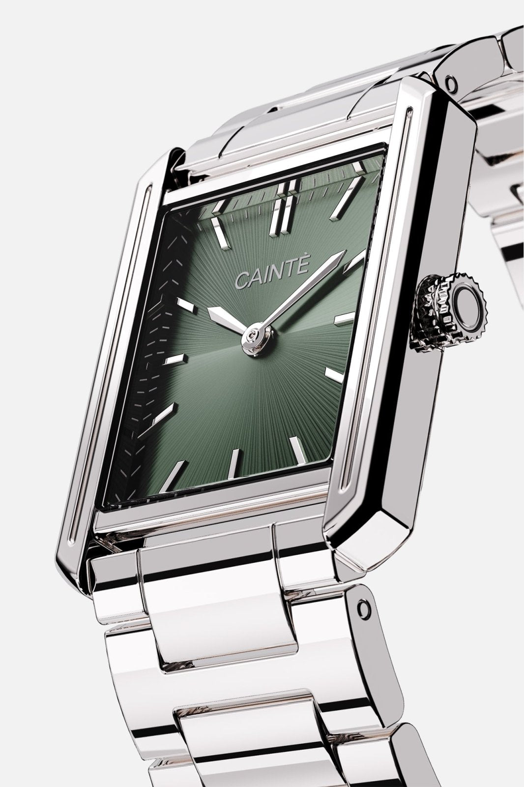 Angled view of the rectangular case and olive green sunburst dial