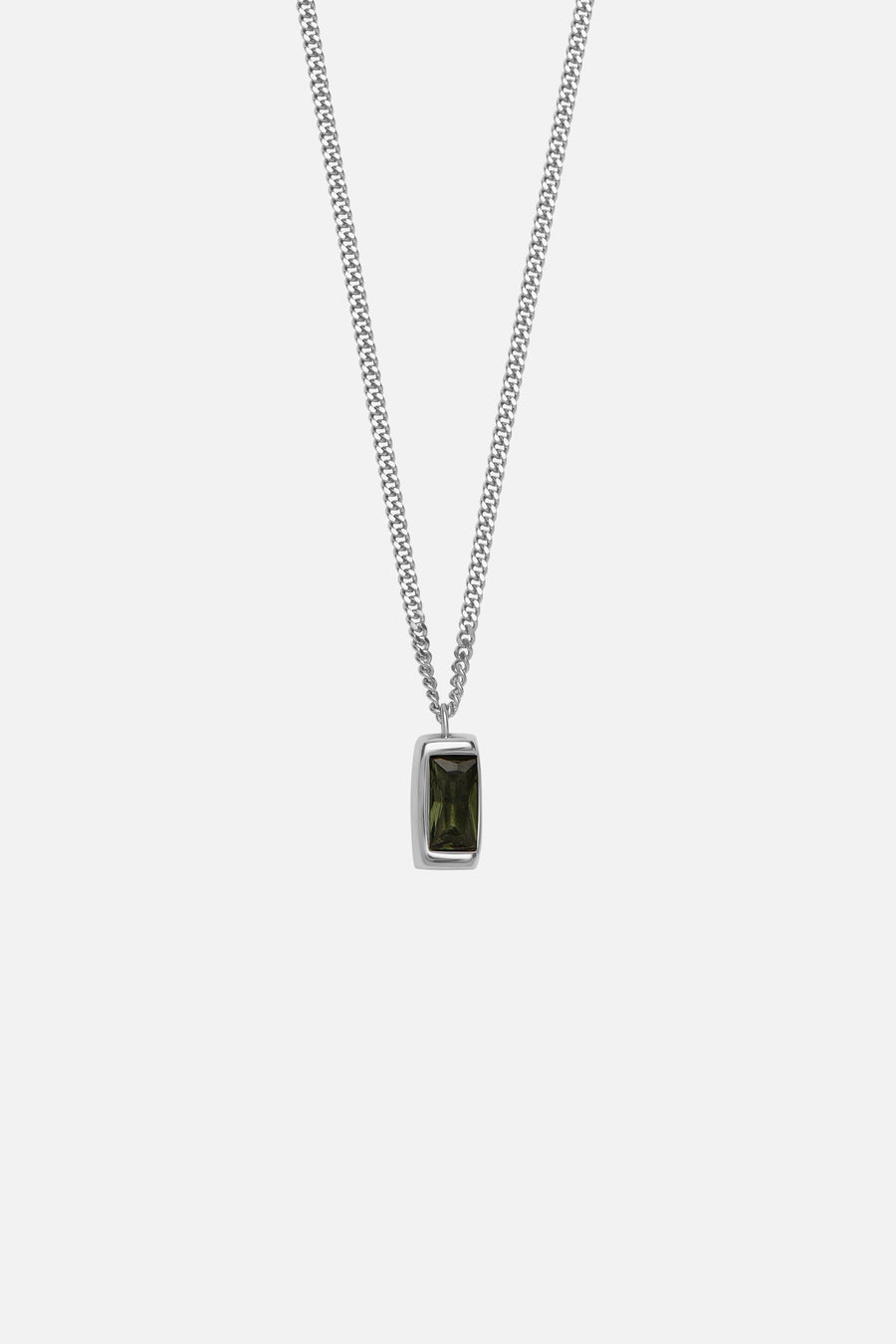 Silver-tone necklace with a rectangular green stone pendant, front view on a light background