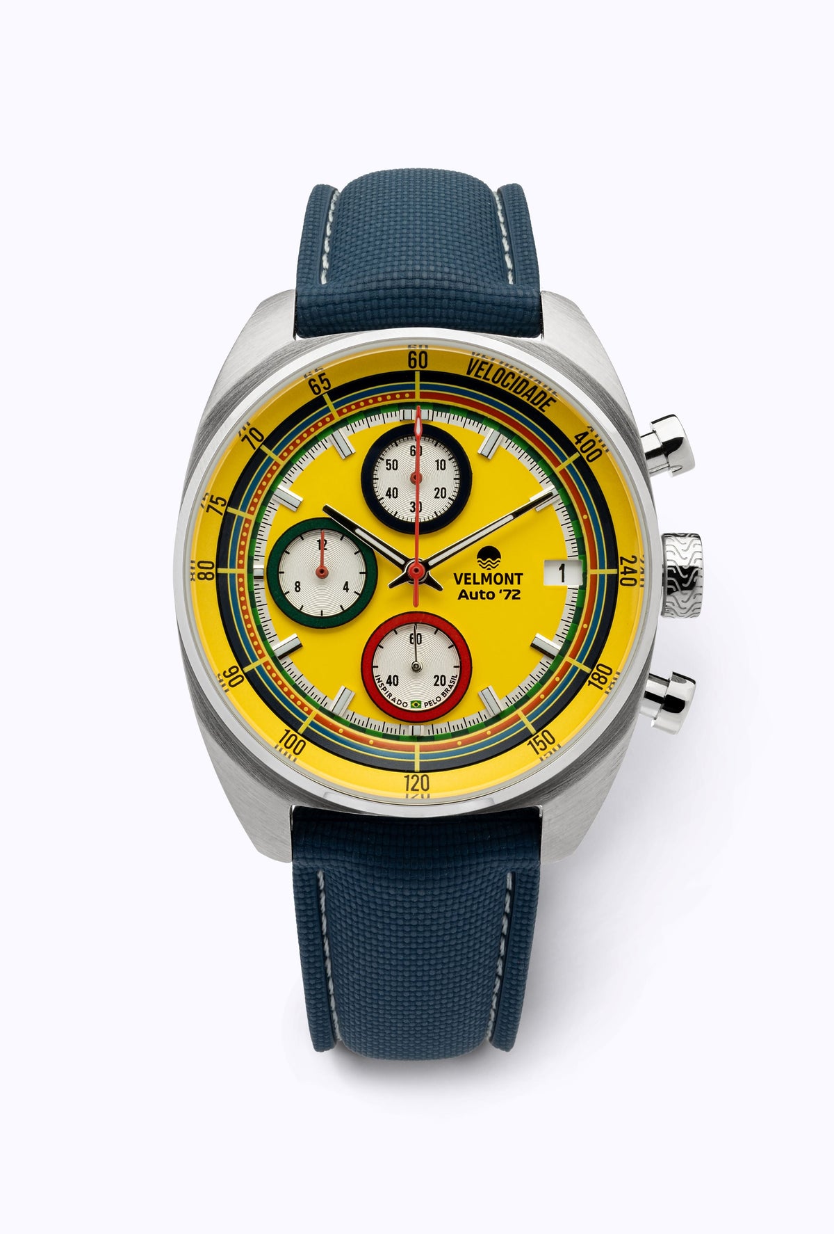 Yellow chronograph on a blue strap