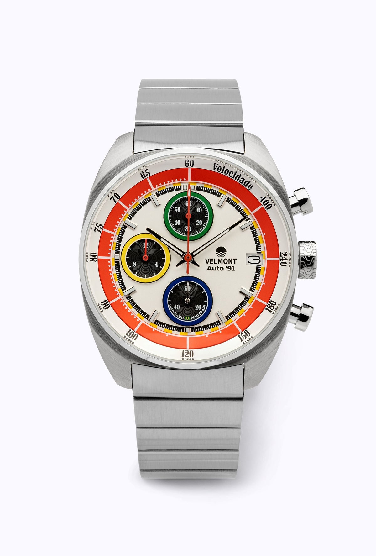White and red racing chronograph on a steel bracelet