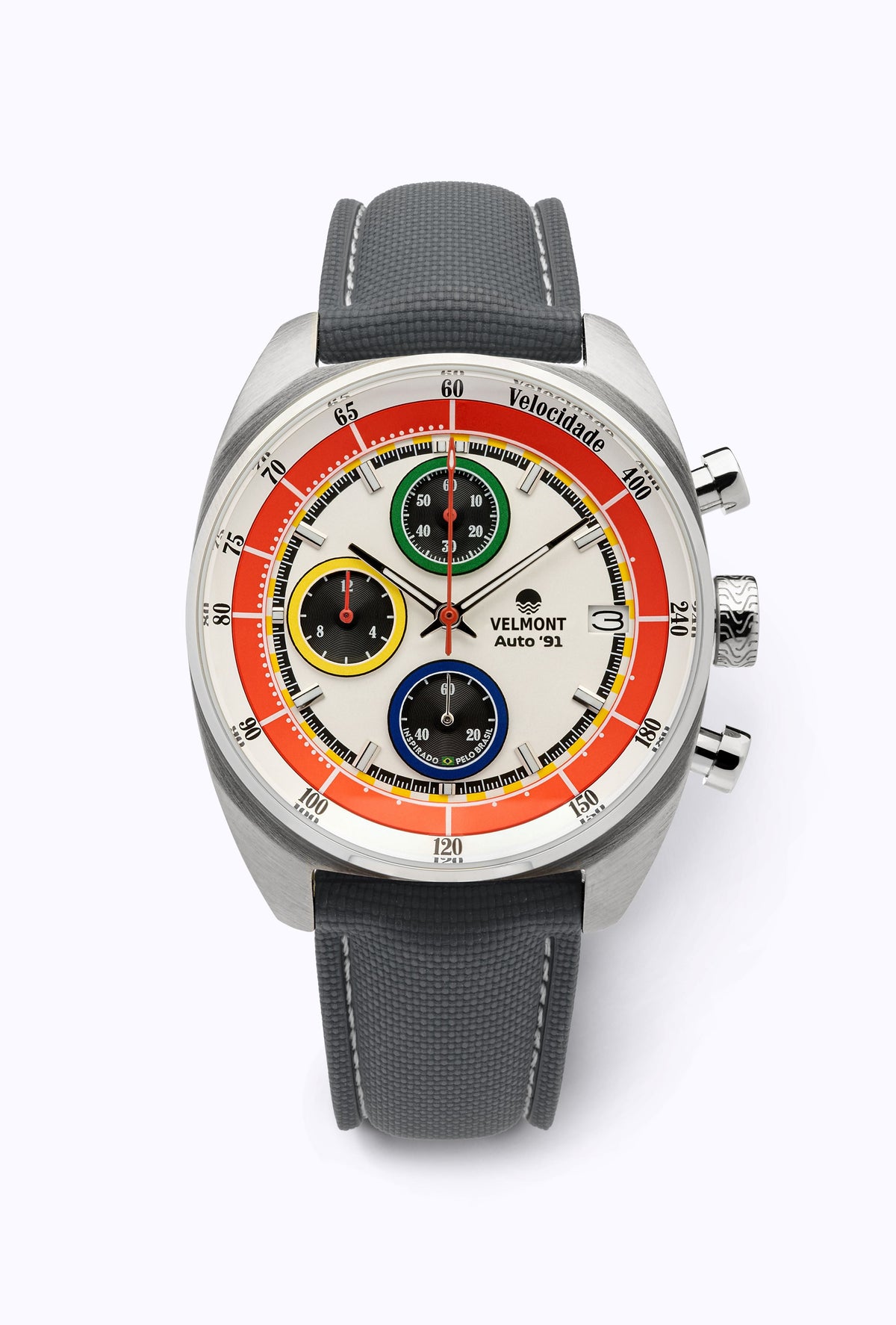 White chronograph on a gray strap