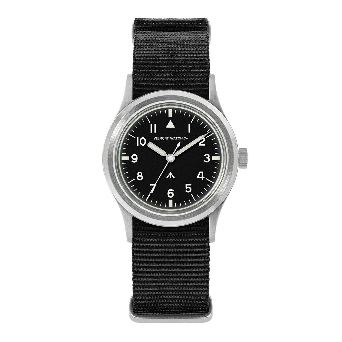 Black-dial military watch on a black nylon strap