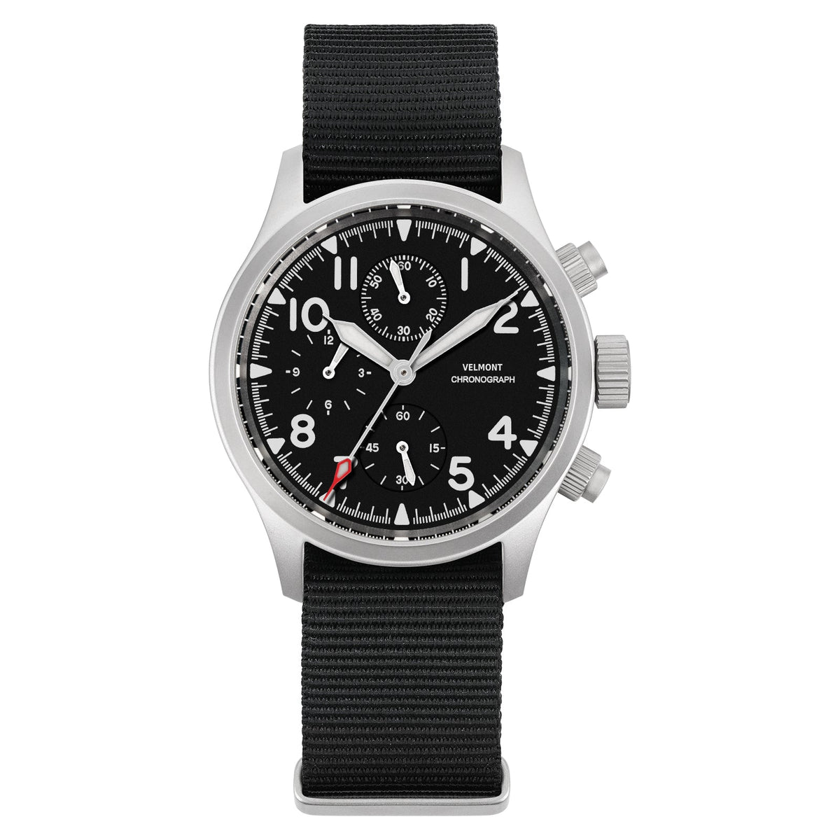 White-indices chronograph on a black nylon strap