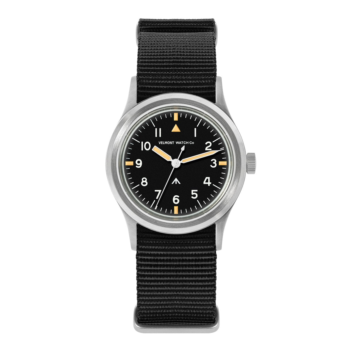 Black-dial retro military watch with cream hands on a black nylon strap