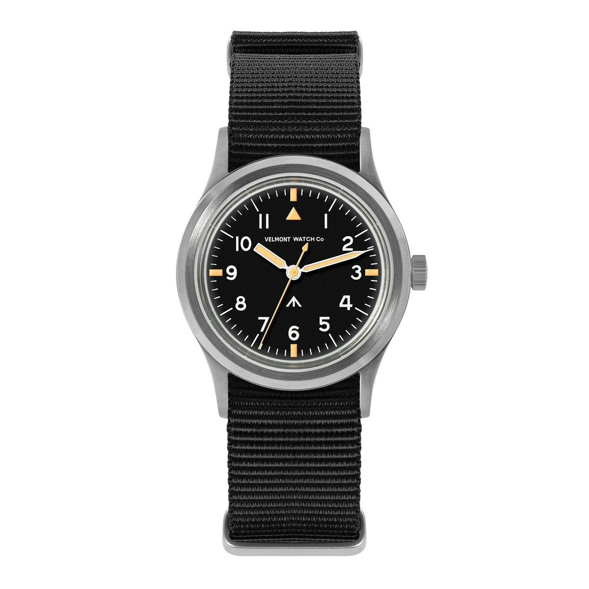 Black-dial military watch with cream hands