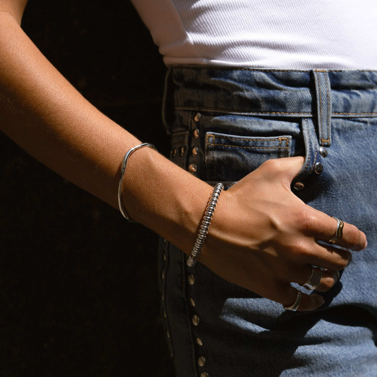 Nugget bead bracelet worn with jeans