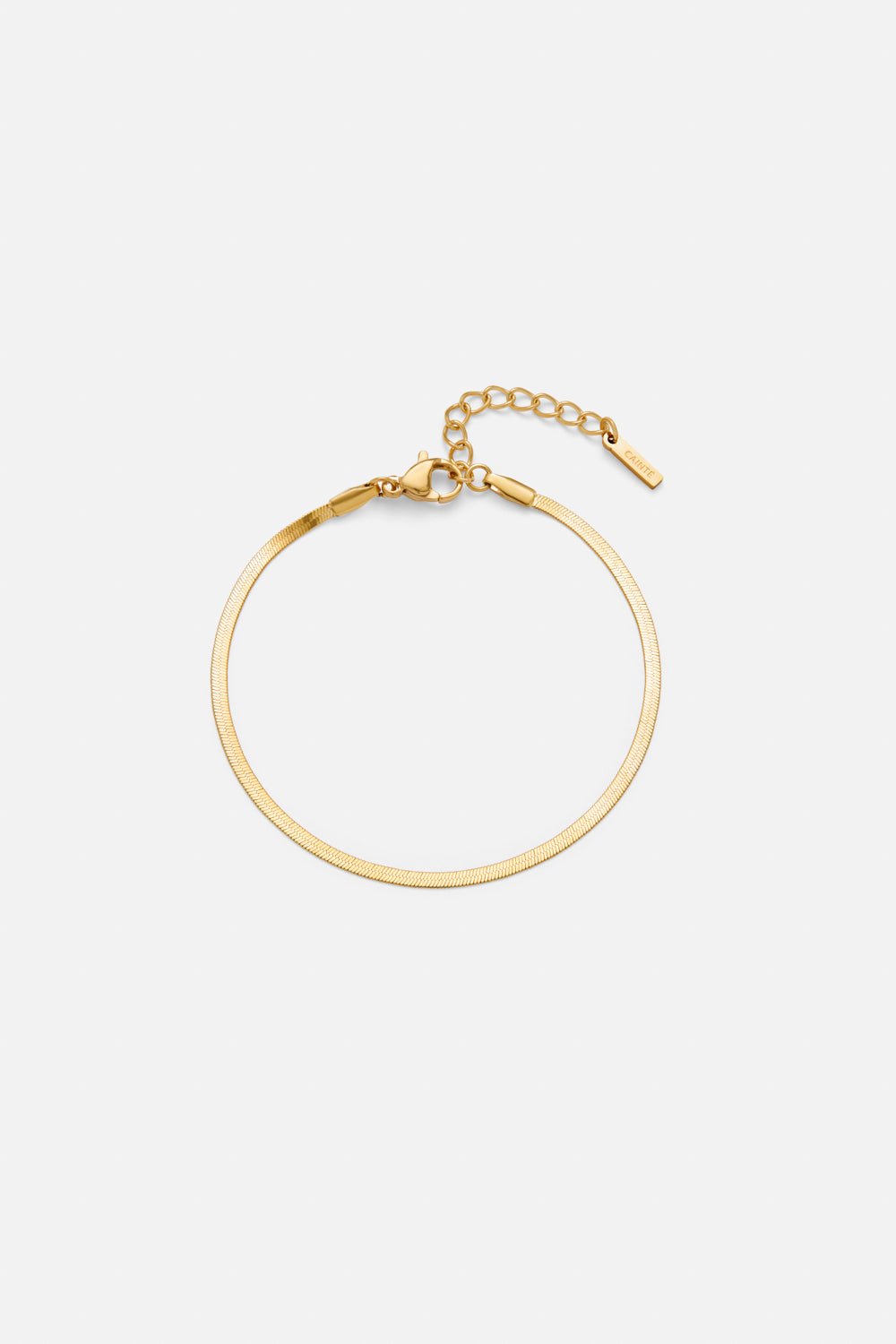 Gold-tone 2 mm herringbone bracelet, front view on a light background
