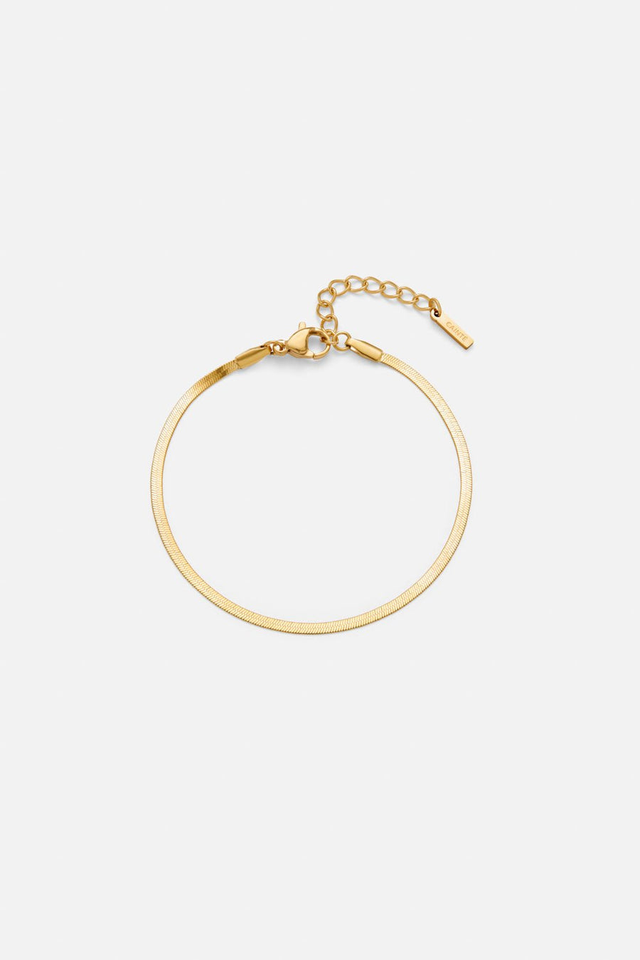 Gold-tone 2 mm herringbone bracelet, front view on a light background