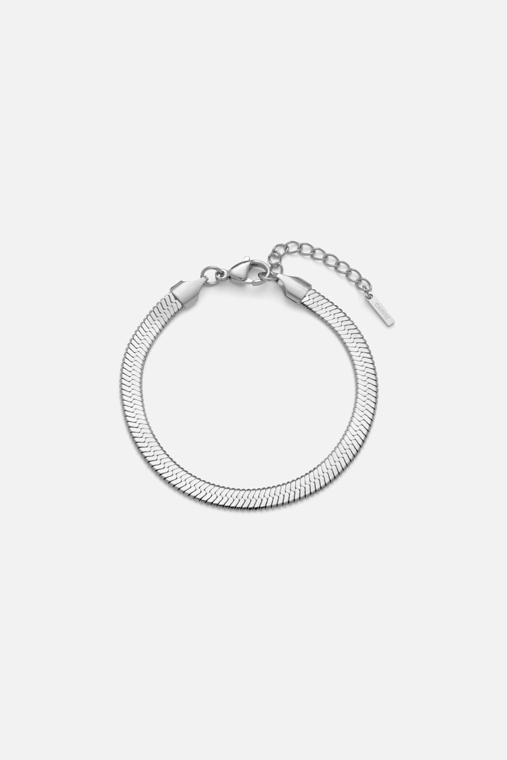 Silver-tone 5 mm herringbone bracelet, front view on a light background