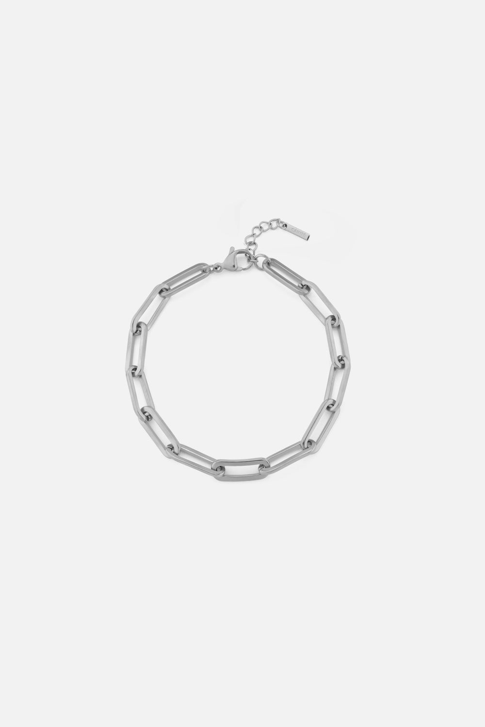 Silver-tone paperclip chain bracelet, front view on a light background