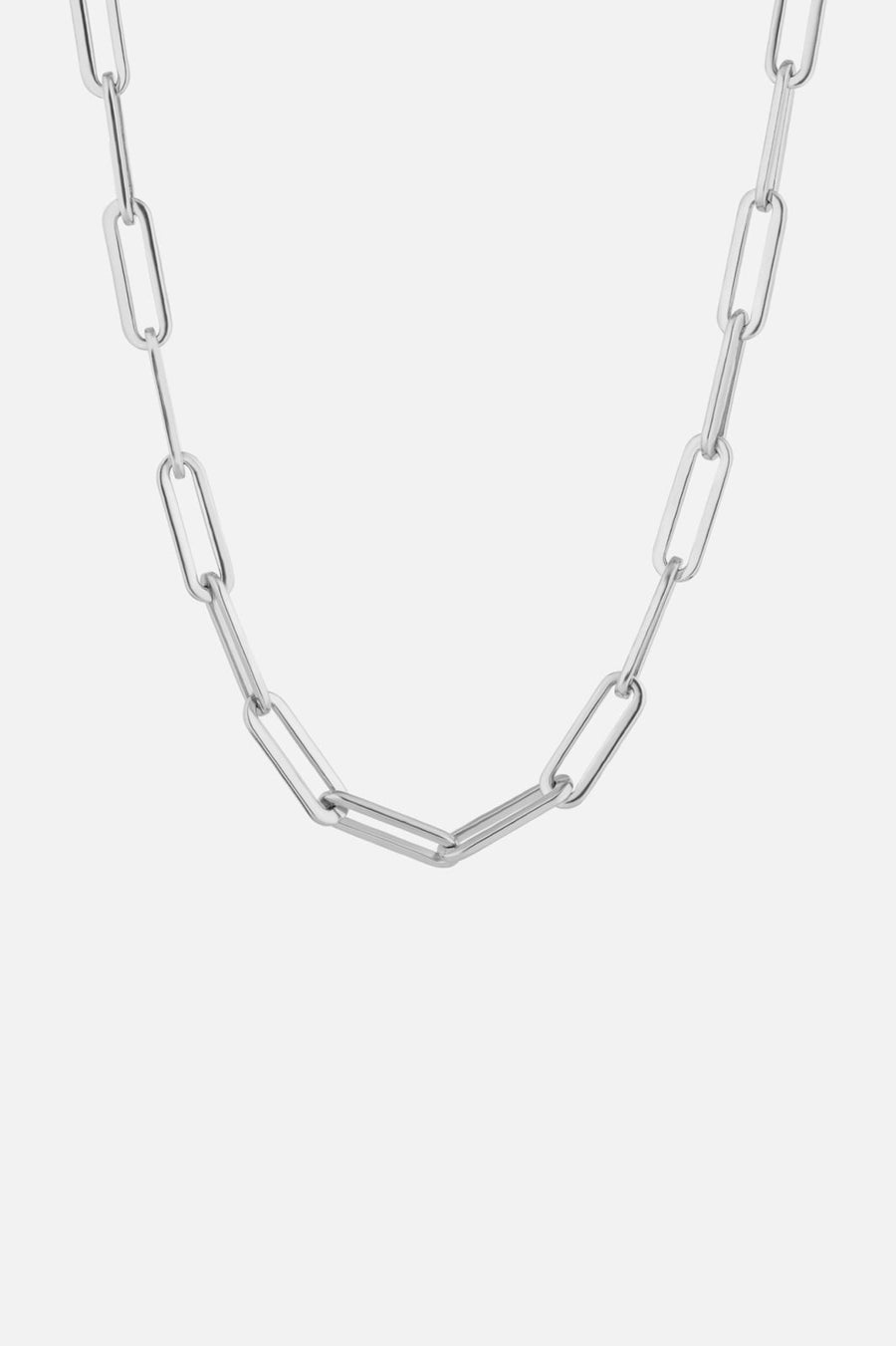 Silver-tone paperclip chain necklace, front view on a light background