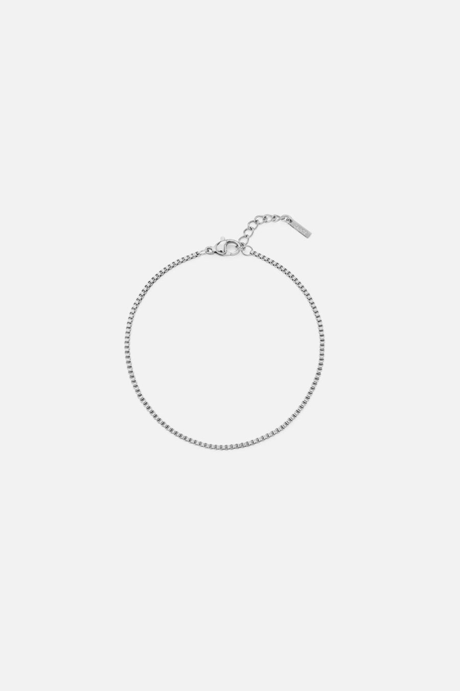 Silver-tone box chain bracelet, front view on a light background
