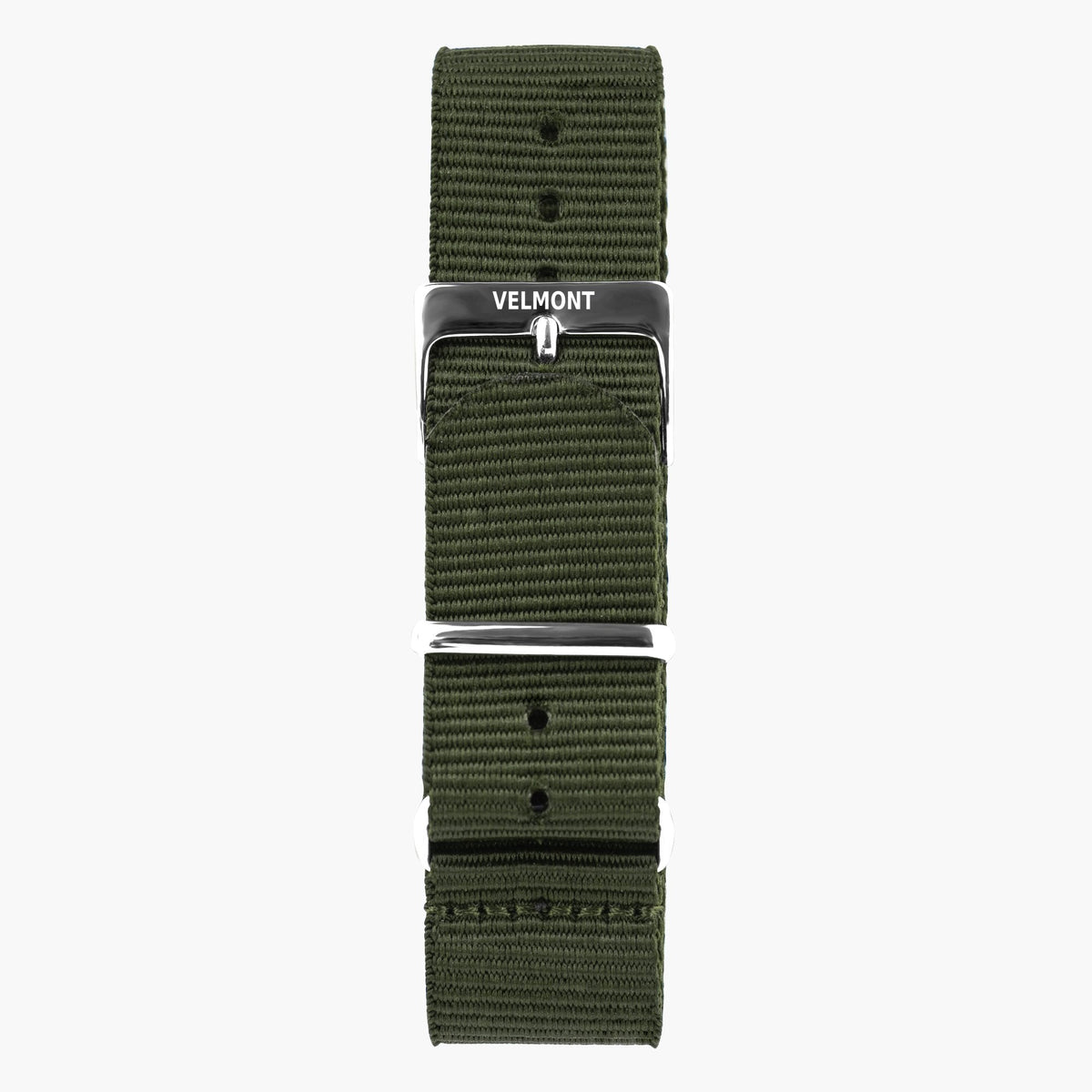 Dark green woven strap with a silver-tone buckle and keeper, laid out flat.