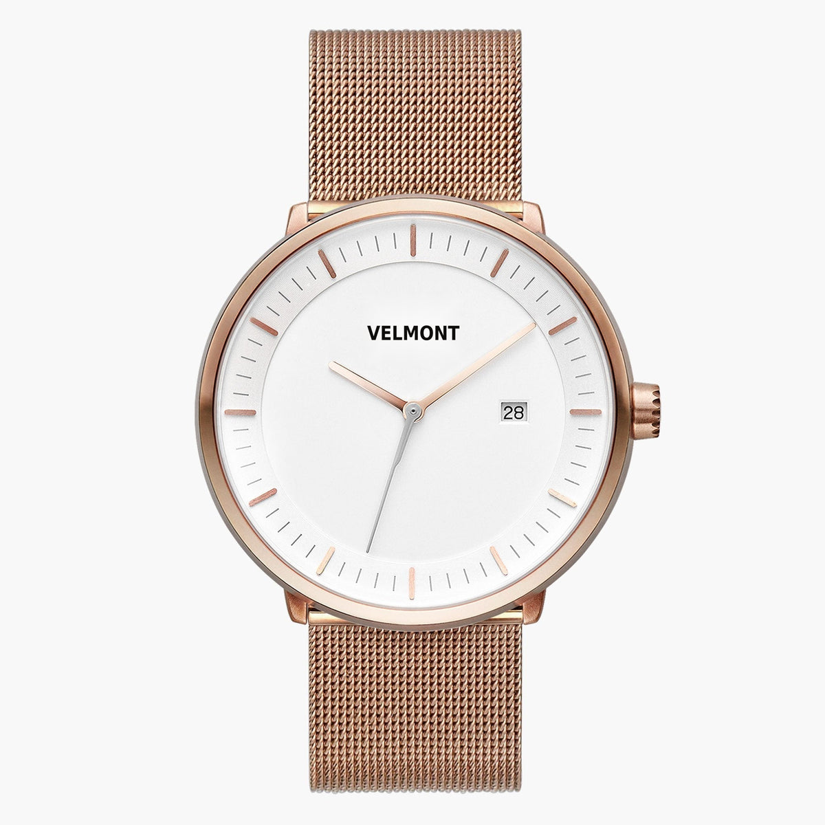 Straight-on look at the white dial and rose gold-tone case with its rose gold-tone mesh strap.