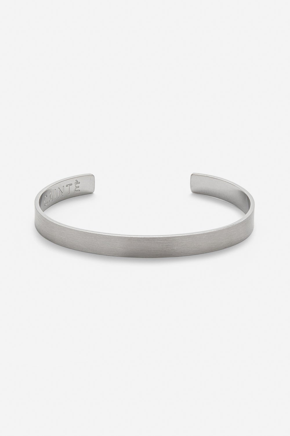 Silver-tone matte cuff bracelet, front view on a light background