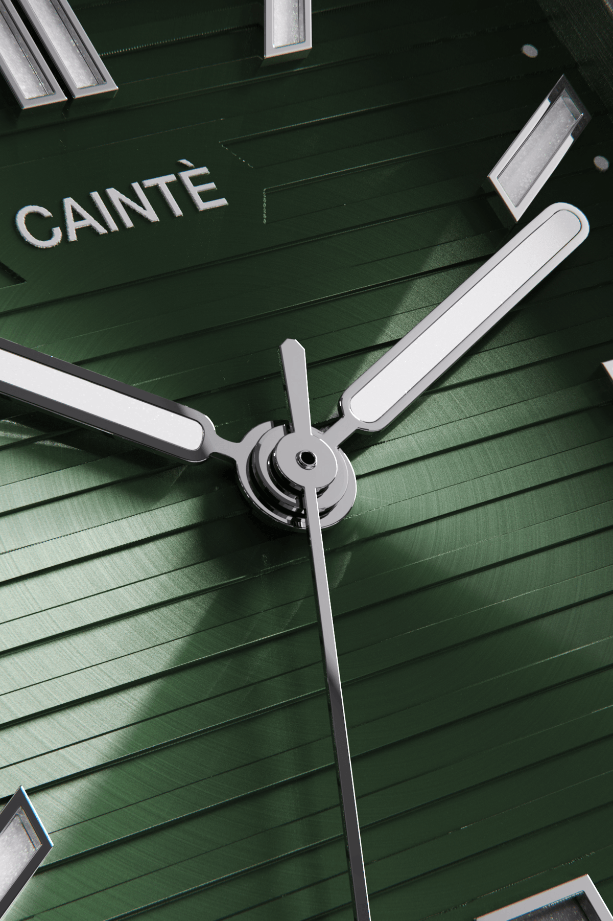 Close-up of the green horizontally ridged dial and hands