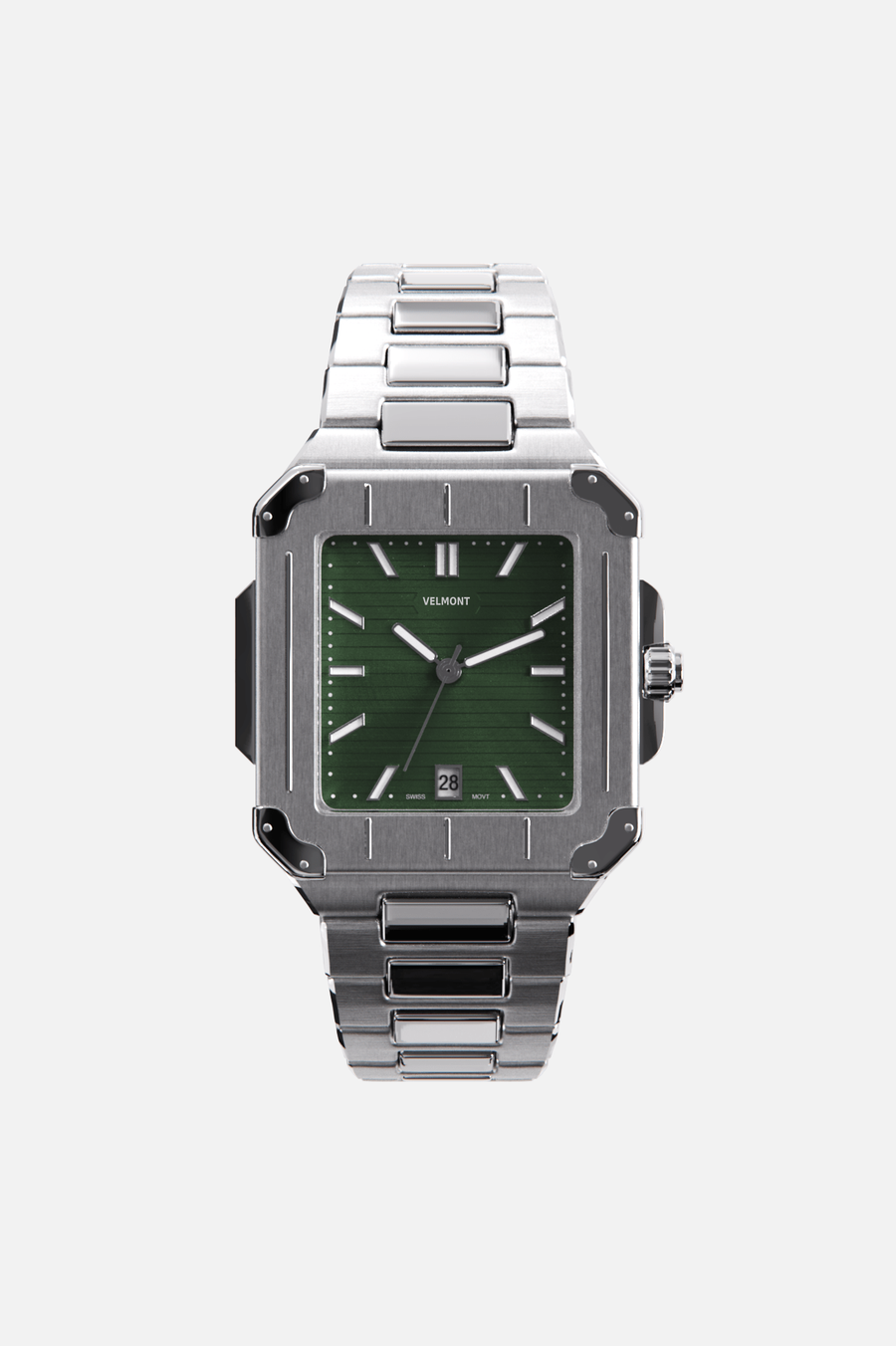 Front view of the square watch with green dial on its integrated bracelet