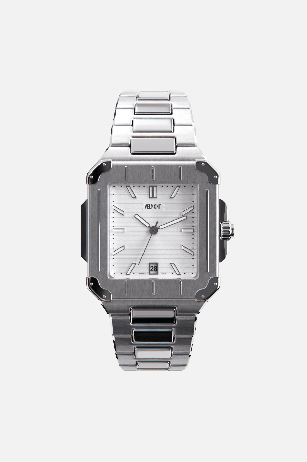 Front view of the square watch with white dial on its integrated bracelet