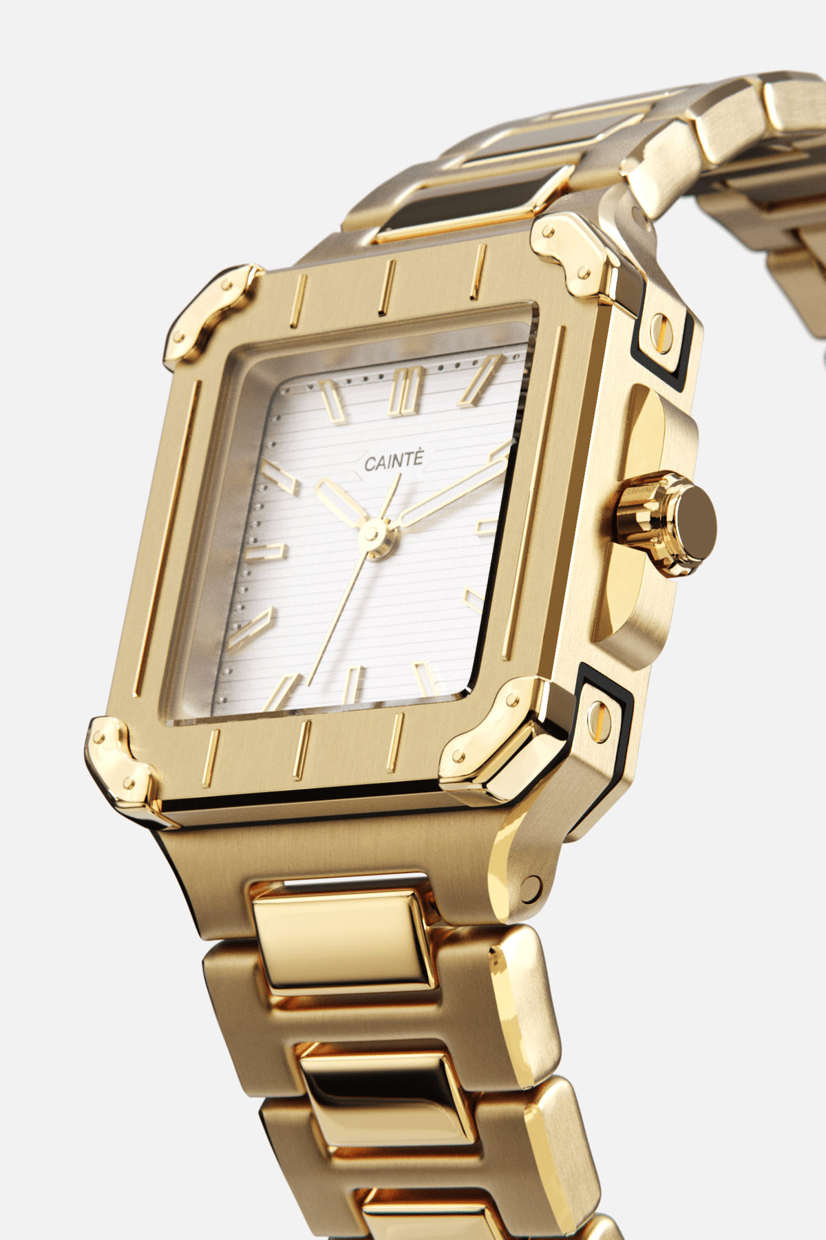 Angled view of the square case with screw details at the corners and white dial