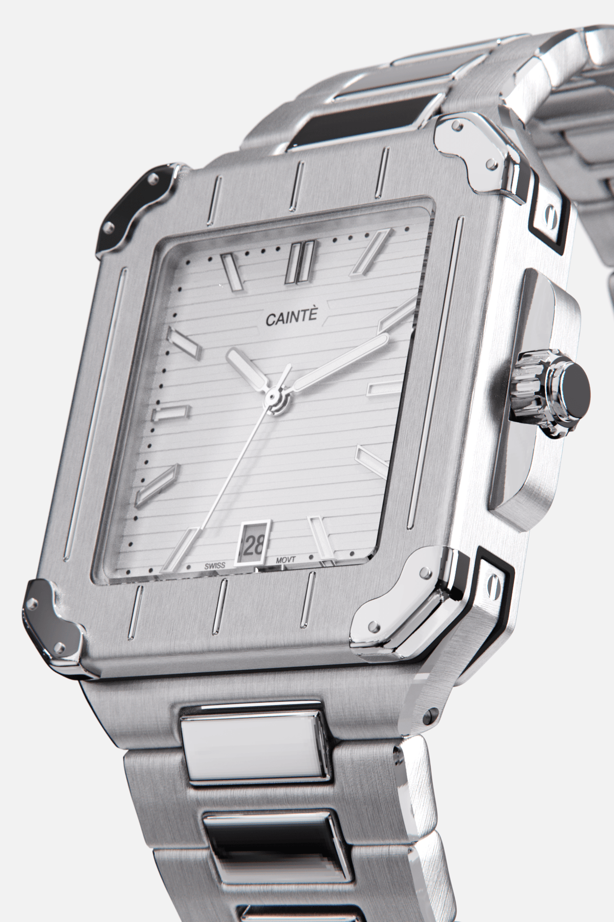 Angled view of the square case with screw details at the corners and white dial