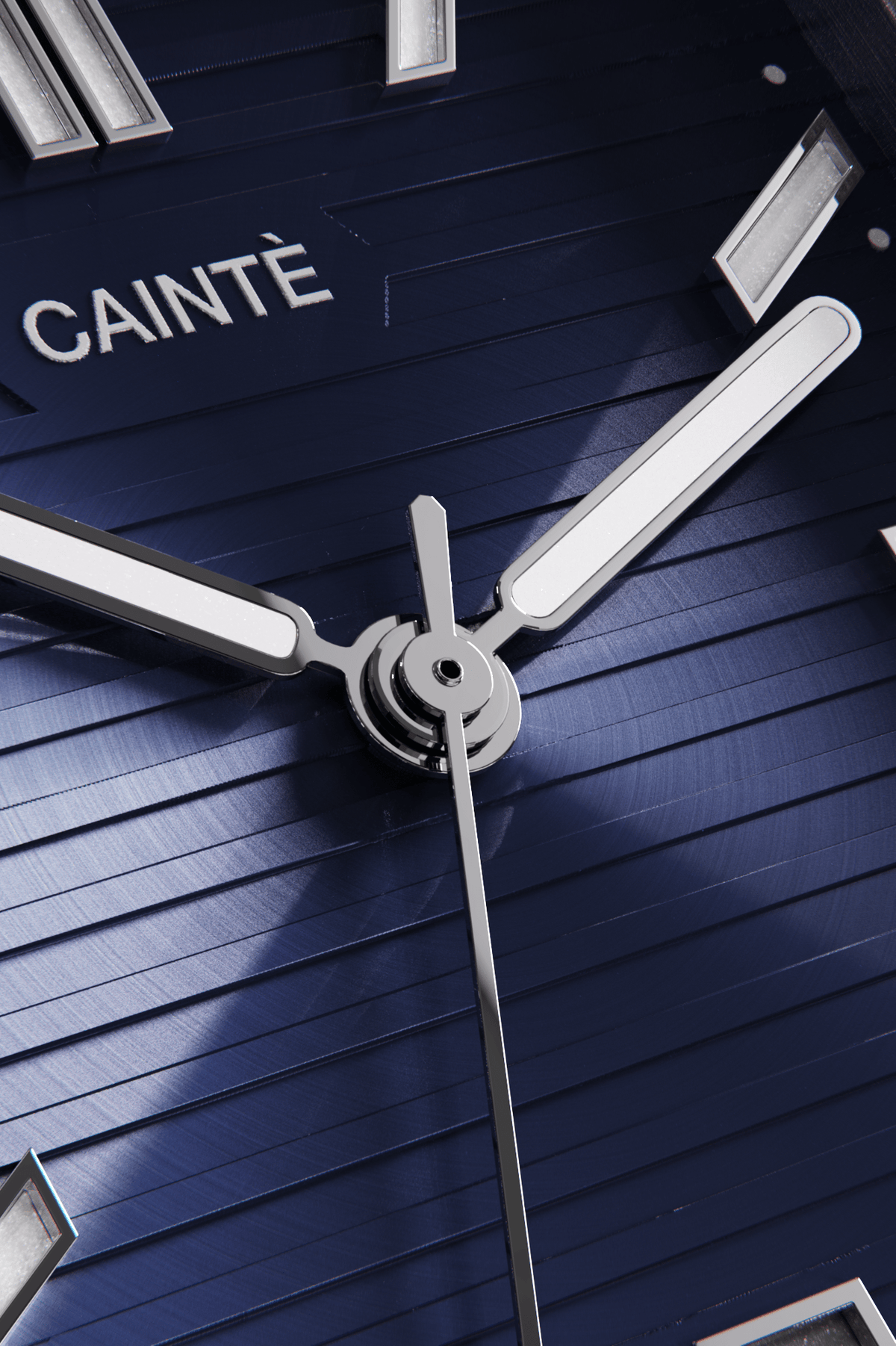 Close-up of the navy blue horizontally ridged dial and hands