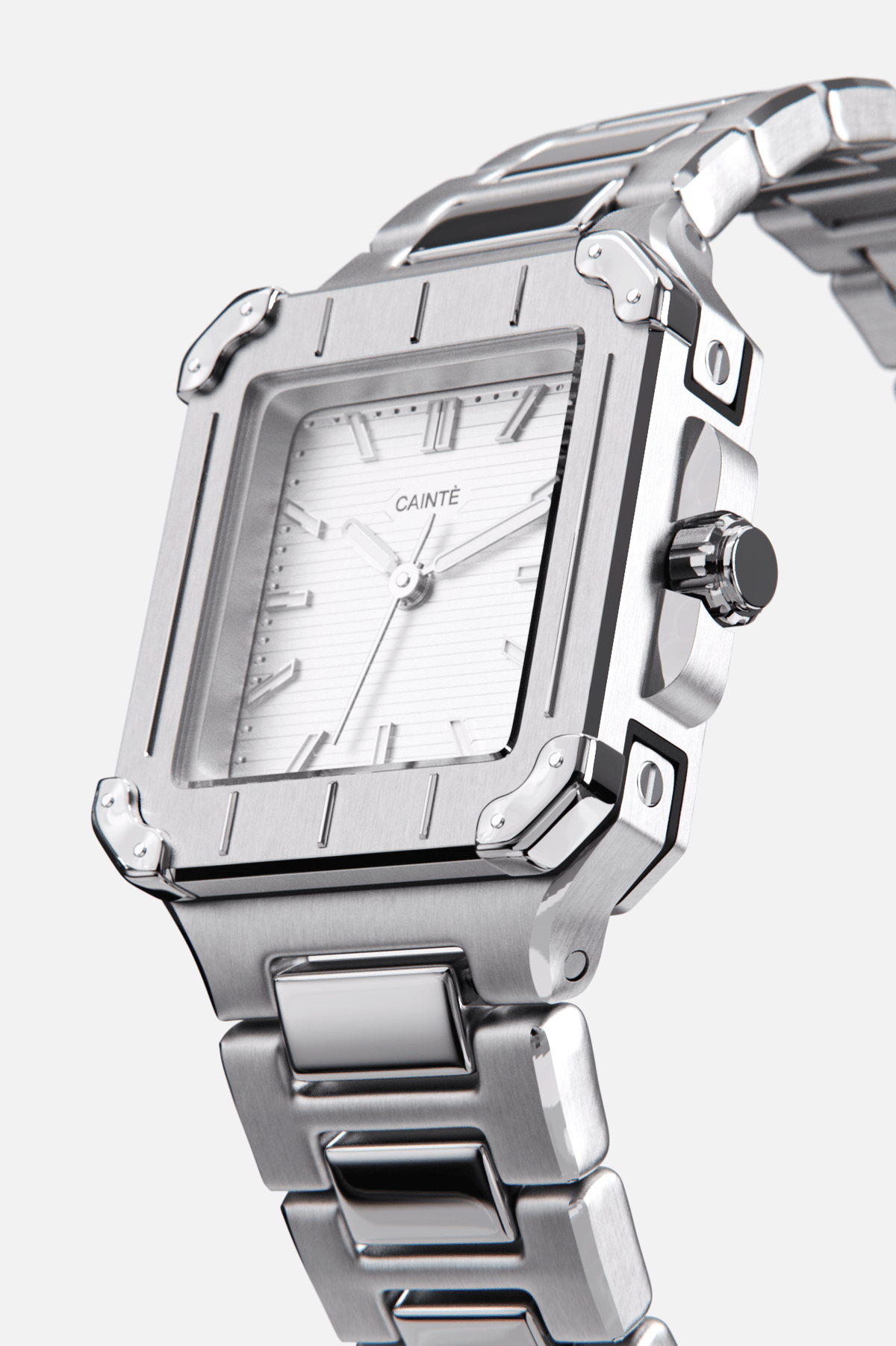 Angled view of the square case with screw details at the corners and silver dial
