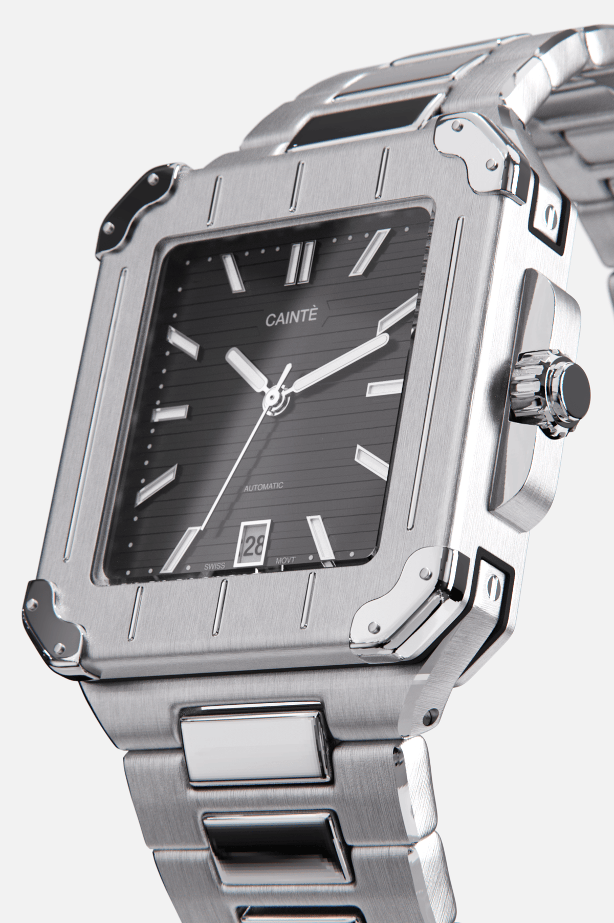 Angled view of the square case with screw details at the corners and black dial