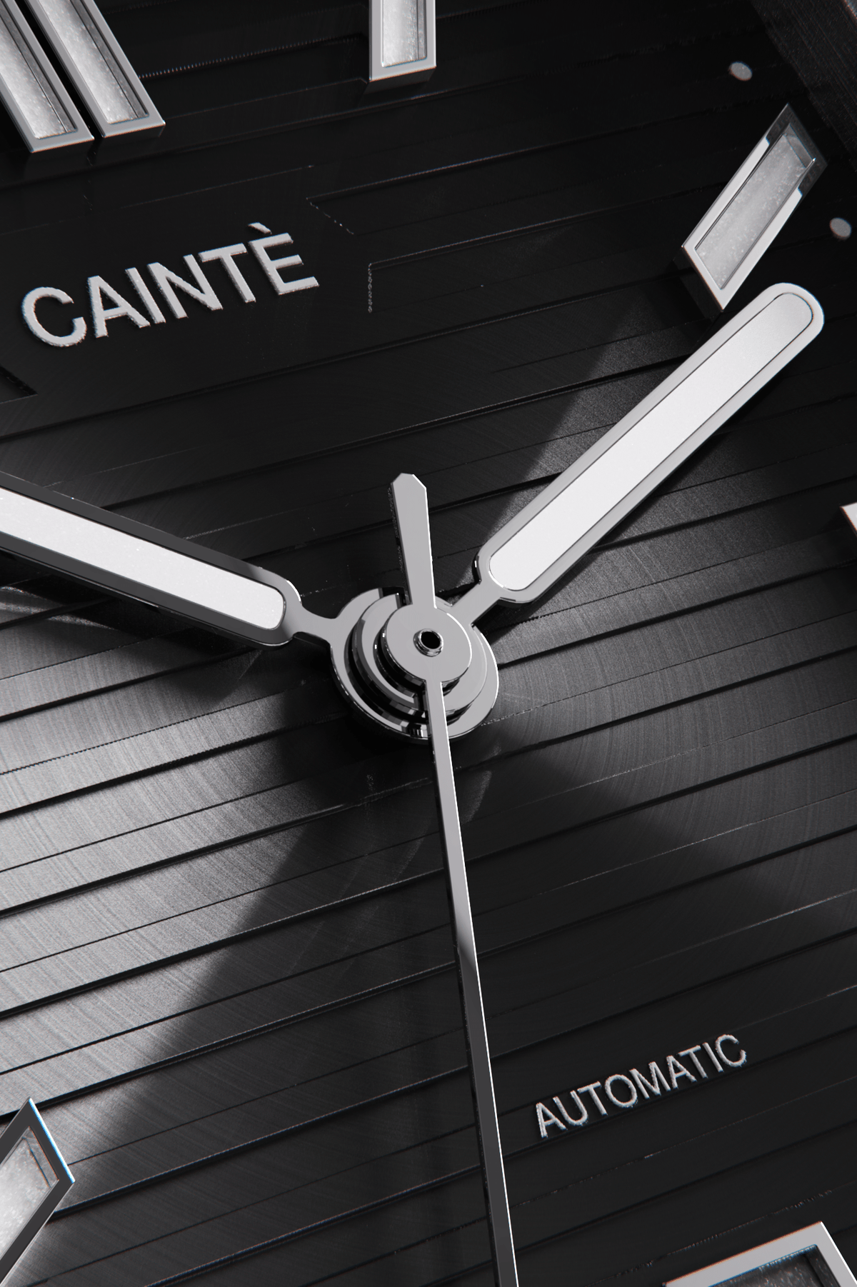 Close-up of the black horizontally ridged dial and hands