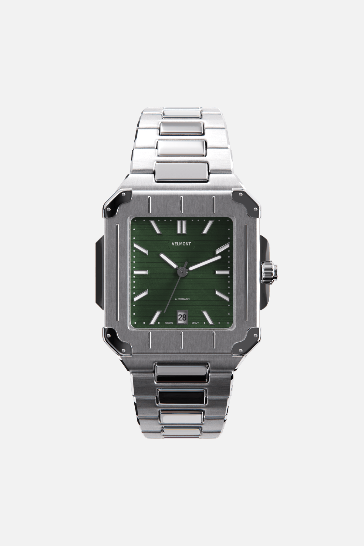 Front view of the square watch with green dial on its integrated bracelet