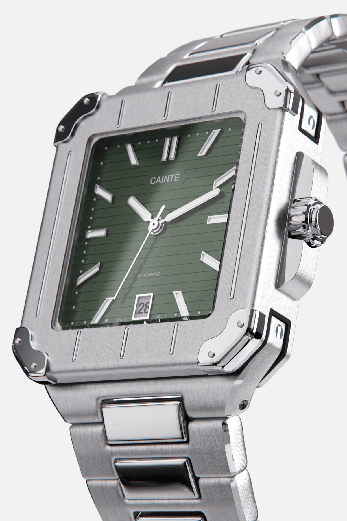 Angled view of the square case with screw details at the corners and green dial